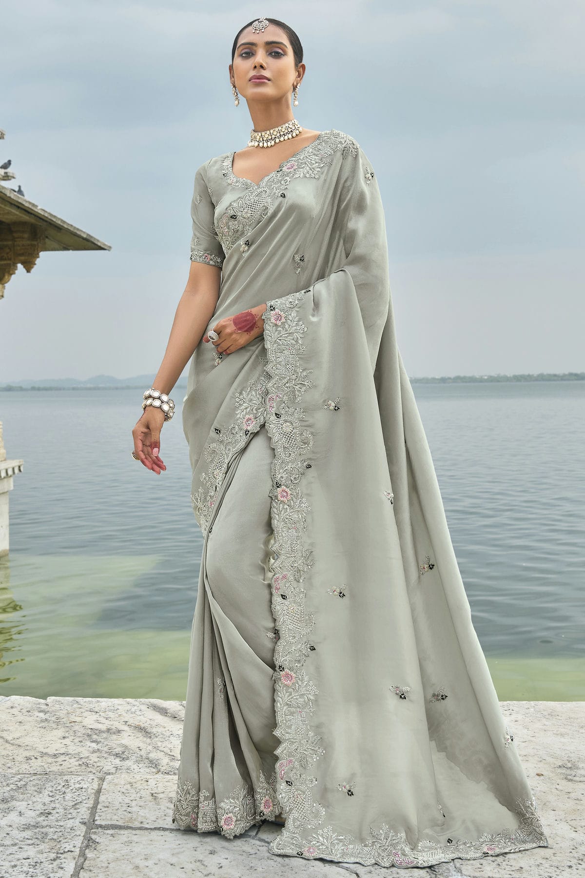 Grey Colour Banarasi Silk Designer Saree