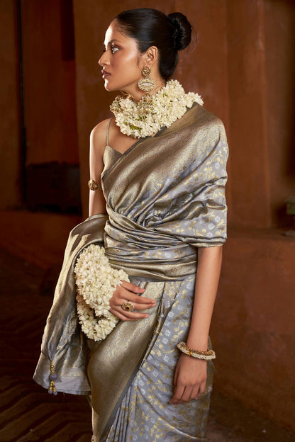 Grey Colour Banarasi Silk Traditional Saree