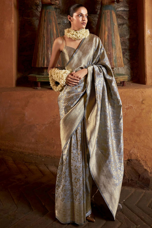 Grey Colour Banarasi Silk Traditional Saree