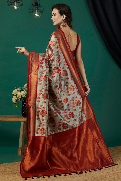 Grey Colour Banarasi Silk Traditional Saree