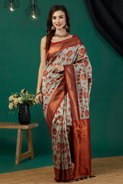 Grey Colour Banarasi Silk Traditional Saree