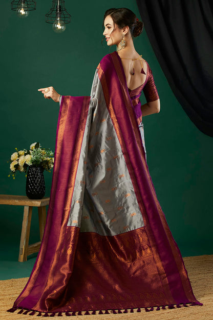 Grey Colour Banarasi Silk Traditional Saree