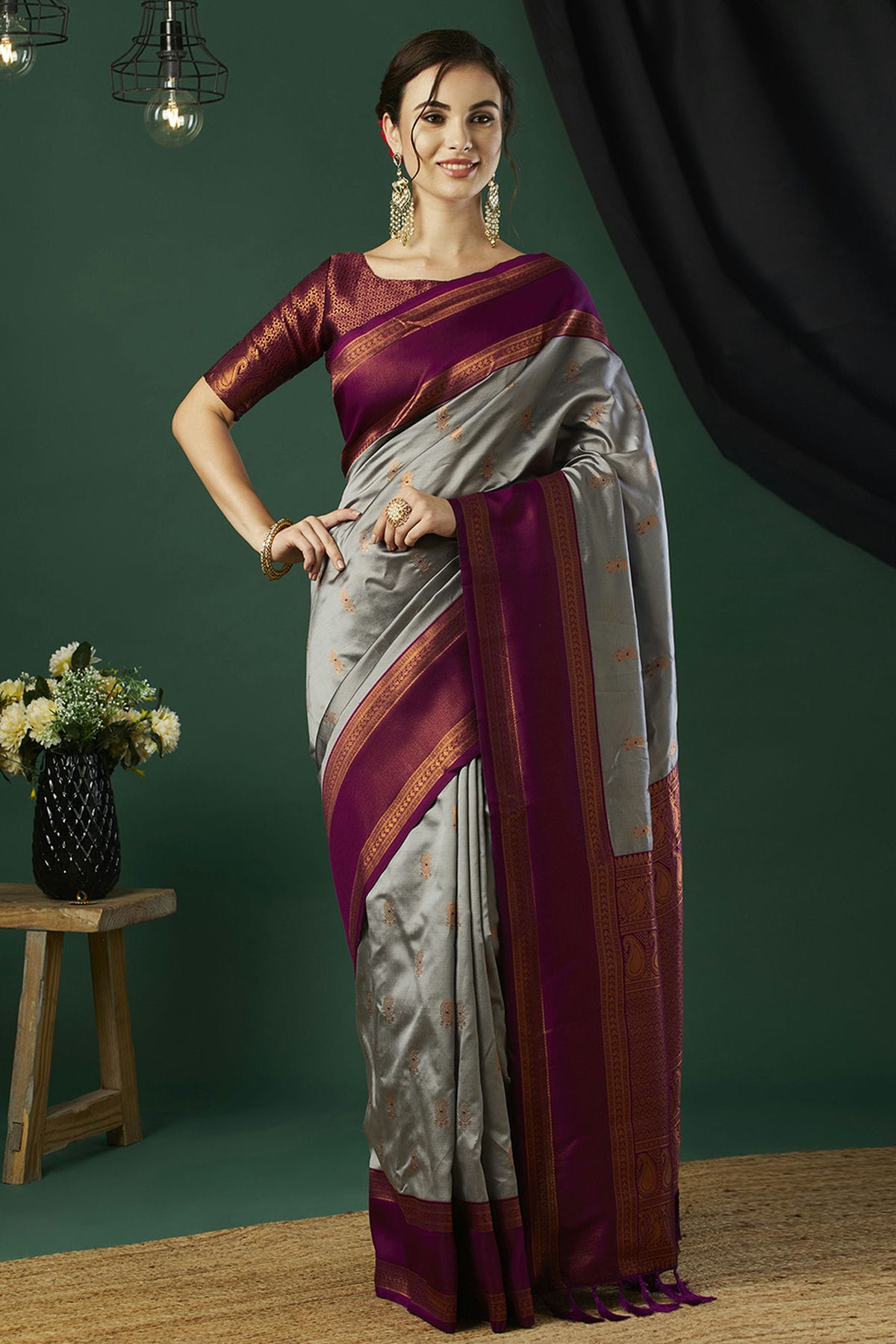 Grey Colour Banarasi Silk Traditional Saree