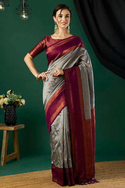 Grey Colour Banarasi Silk Traditional Saree