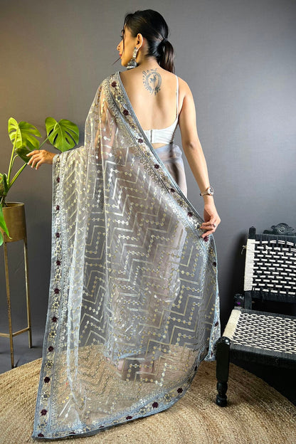 Grey Colour Butterfly Net Designer Saree