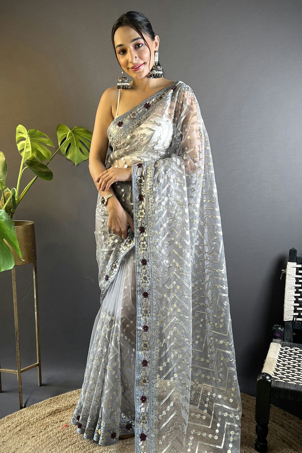 Grey Colour Butterfly Net Designer Saree