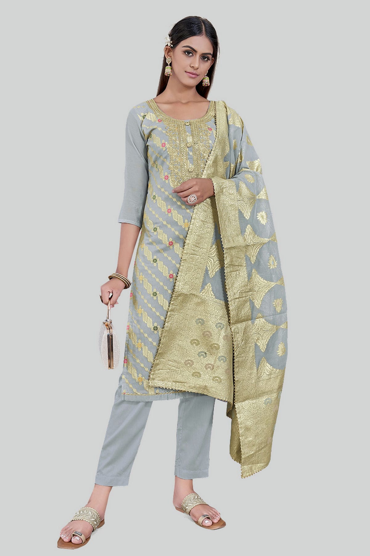 Grey Colour Chanderi Silk Pant Style Suit