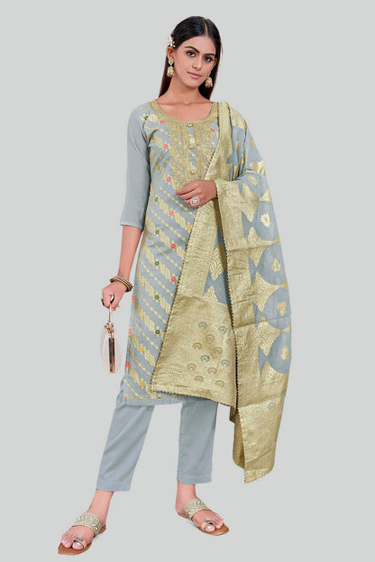 Grey Colour Chanderi Silk Pant Style Suit