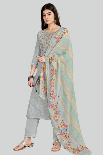 Grey Colour Chanderi Silk Pant Style Suit