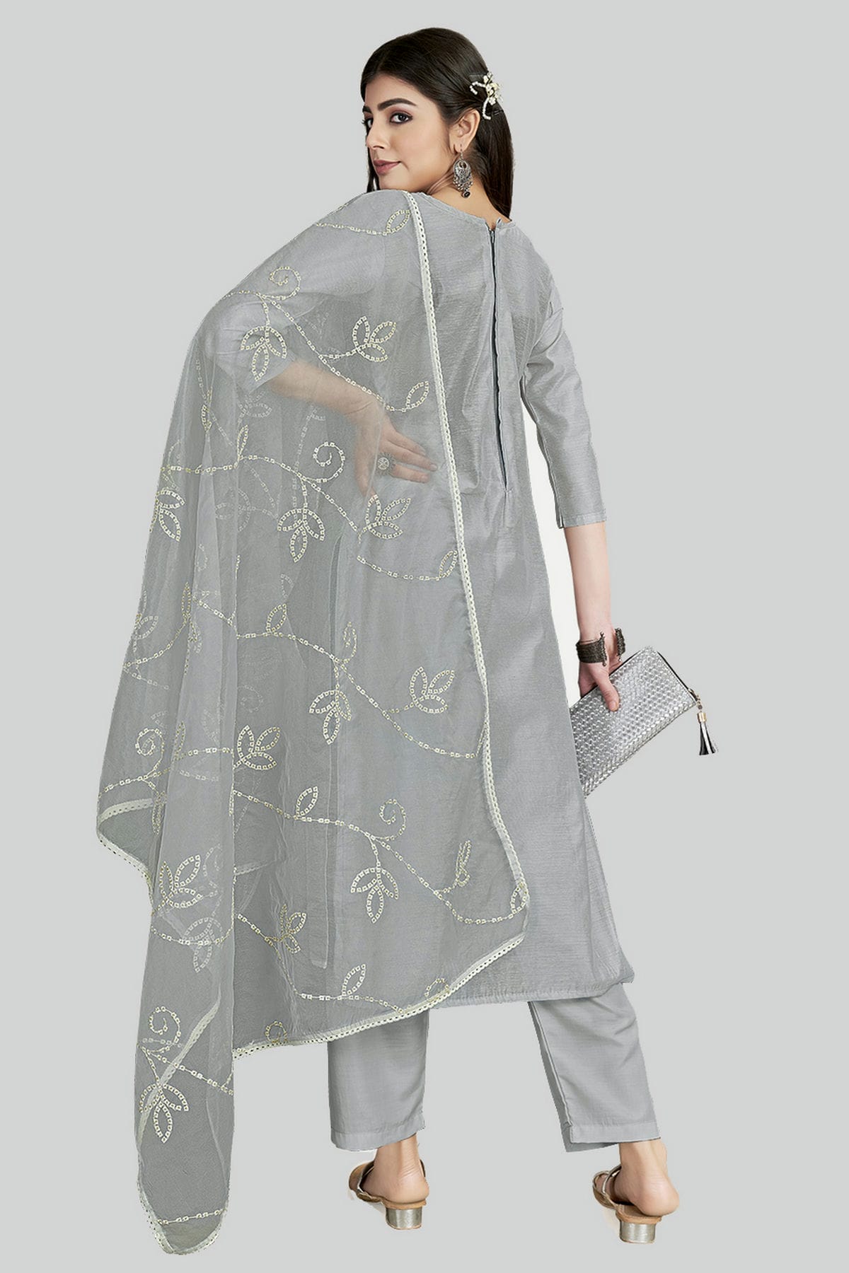 Grey Colour Chanderi Silk Pant Style Suit