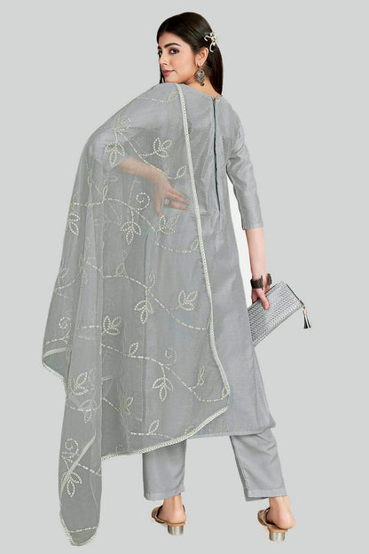 Grey Colour Chanderi Silk Pant Style Suit VSSM1110639