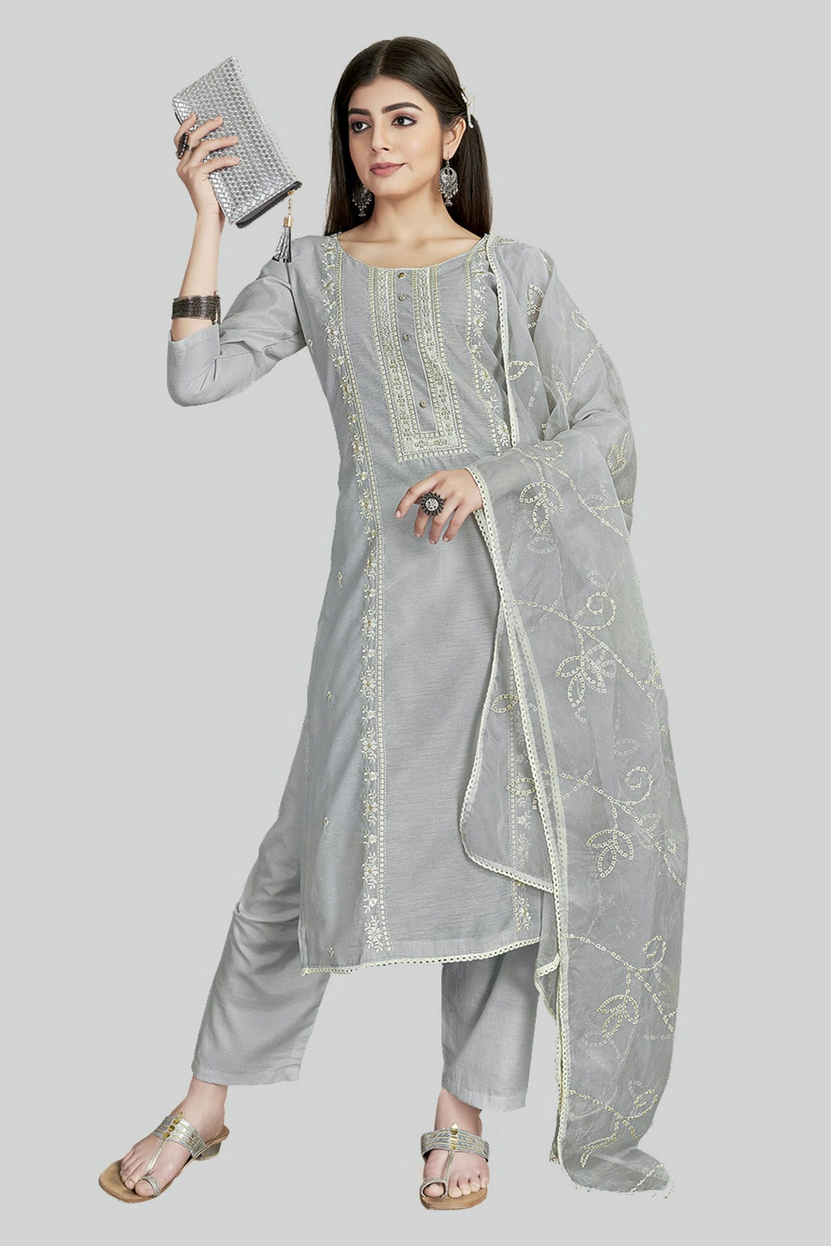 Grey Colour Chanderi Silk Pant Style Suit