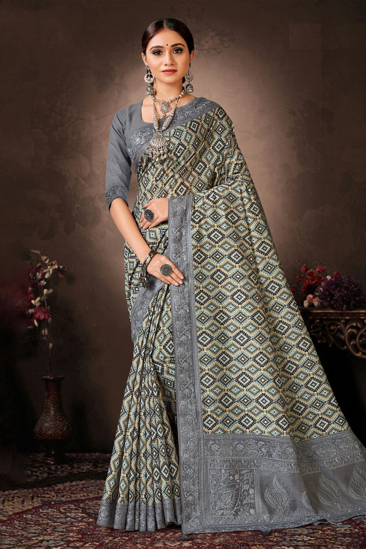 Grey Colour Chanderi Silk Printed Saree