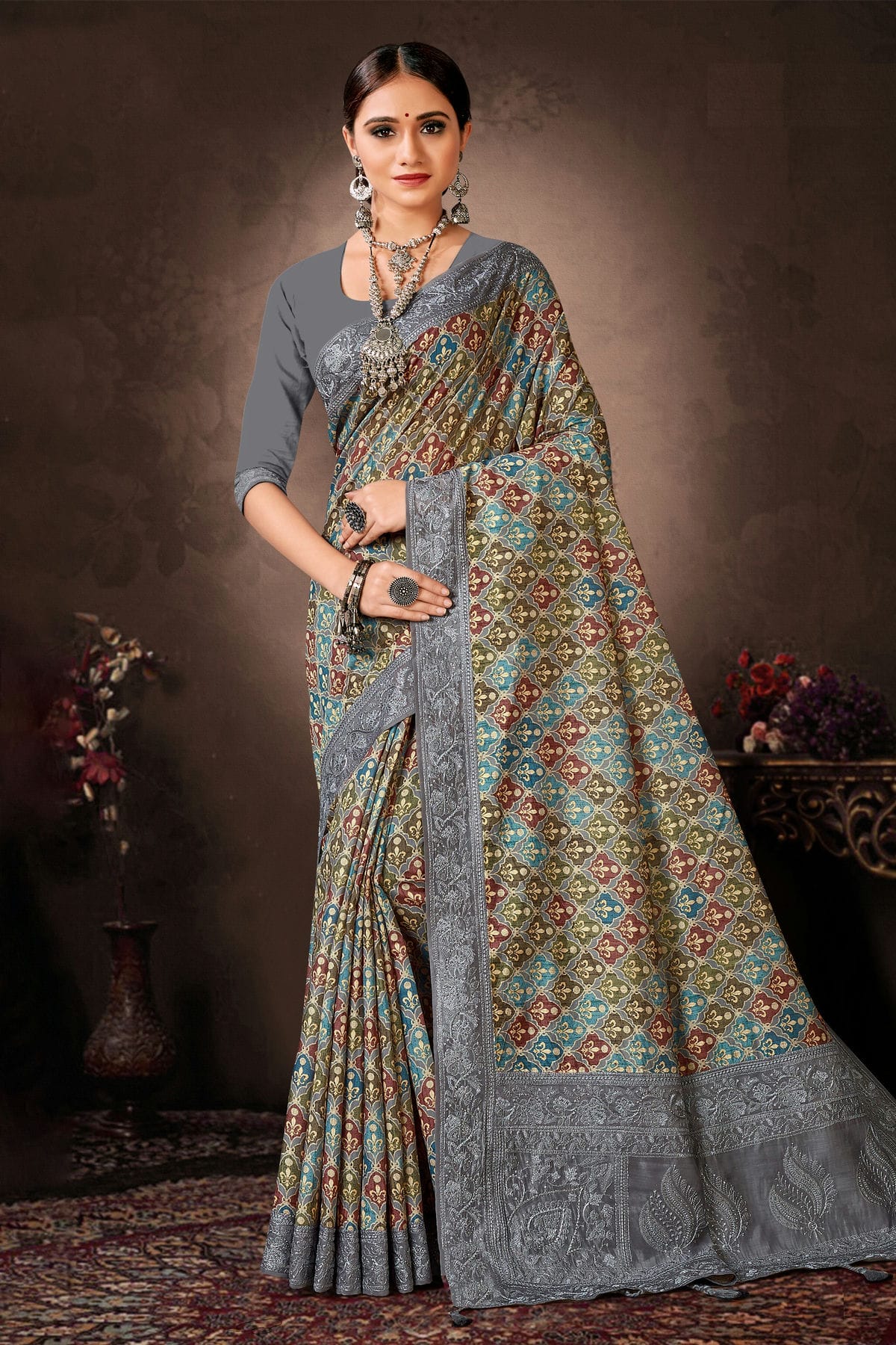 Grey Colour Chanderi Silk Printed Saree