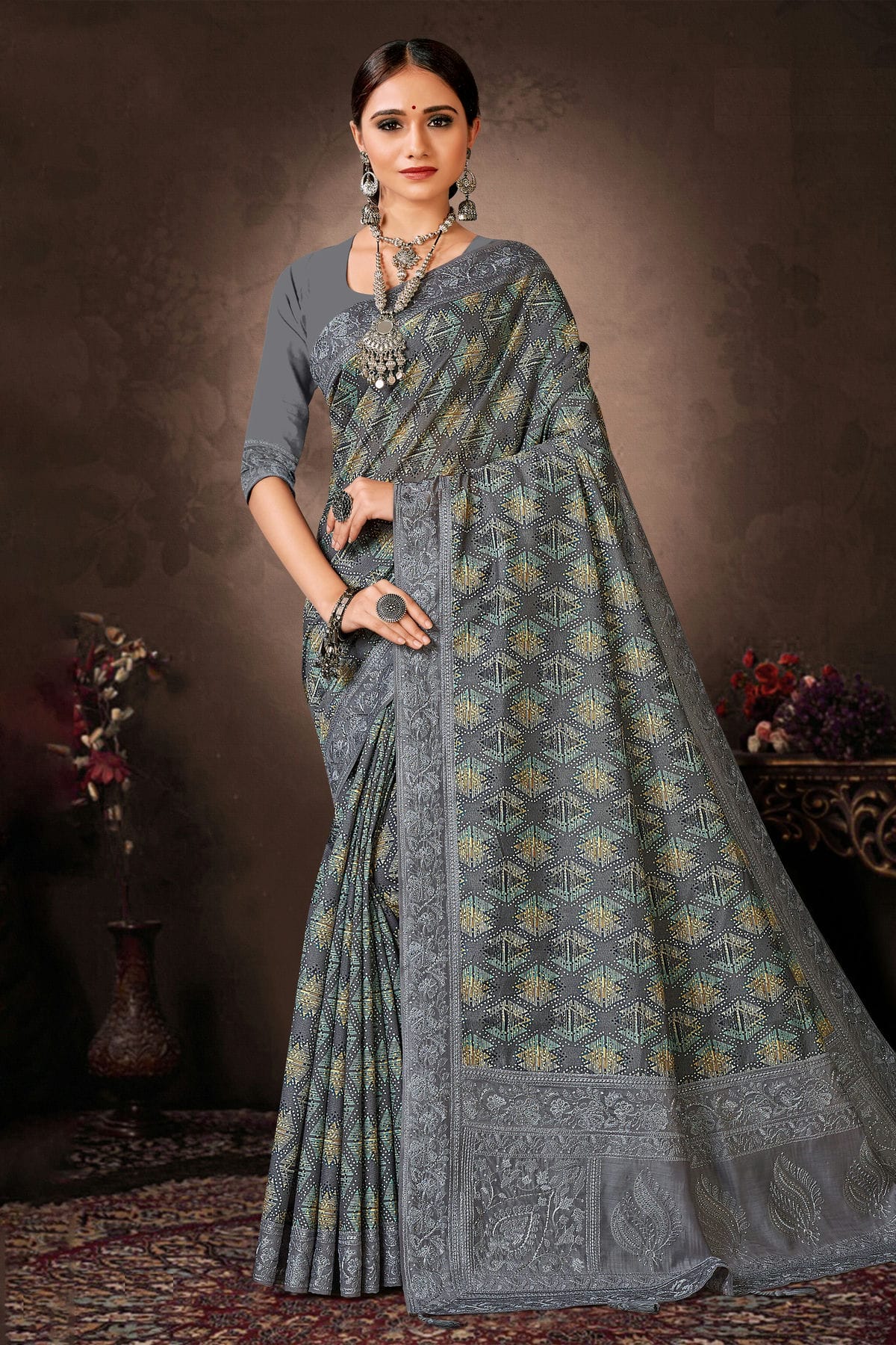 Grey Colour Chanderi Silk Printed Saree