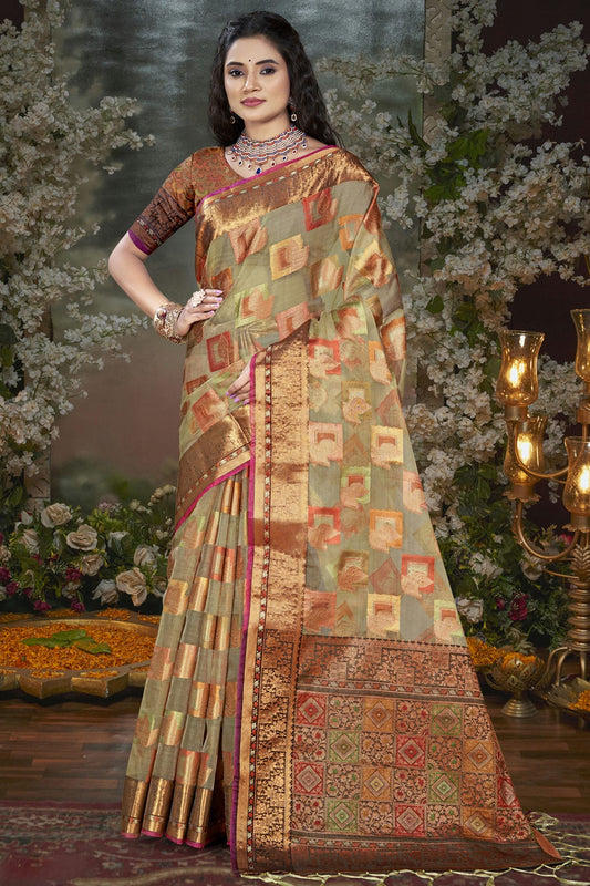 Grey Colour Chanderi Woven Work Traditional Saree