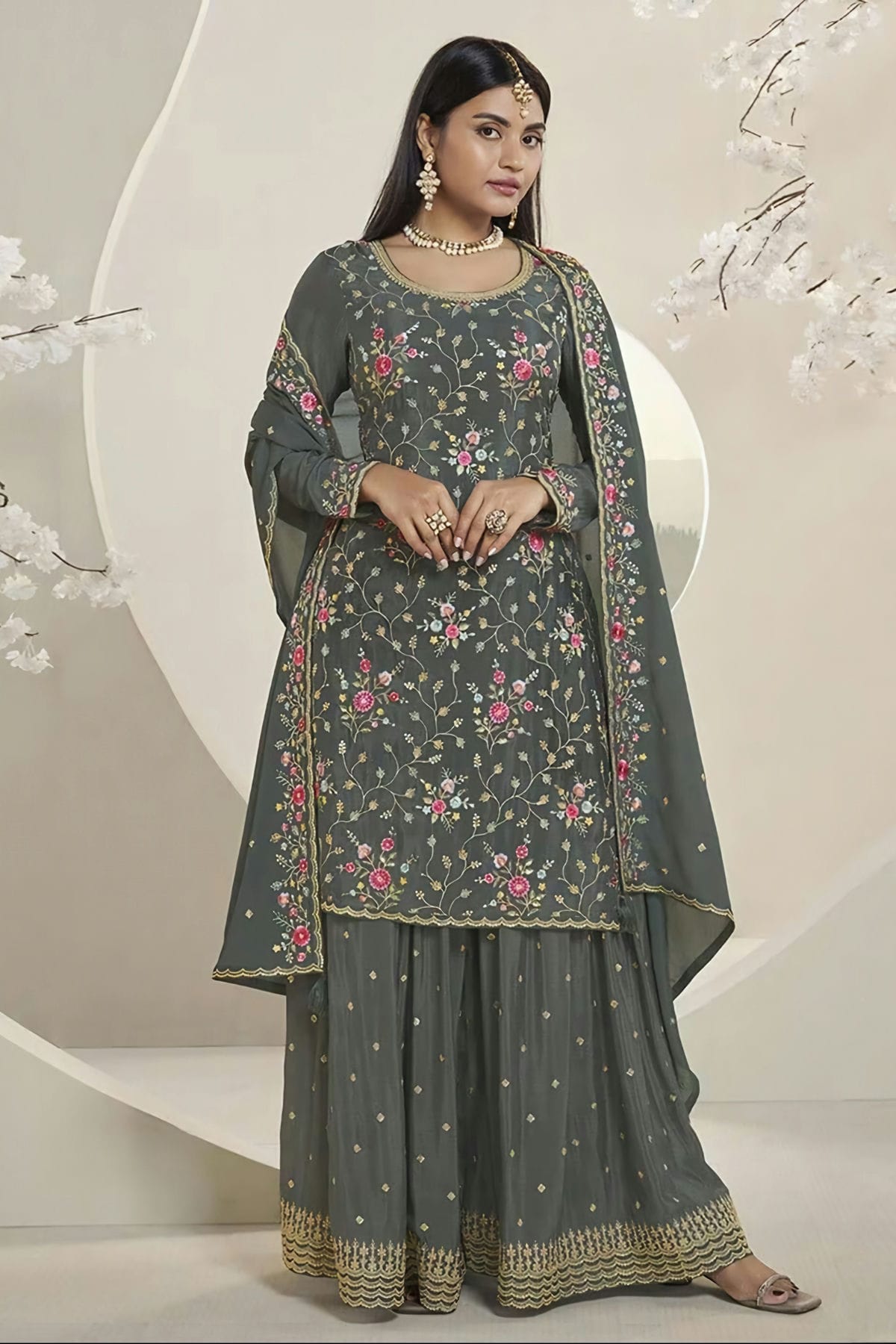 Grey Colour Chinon Sharara Suit