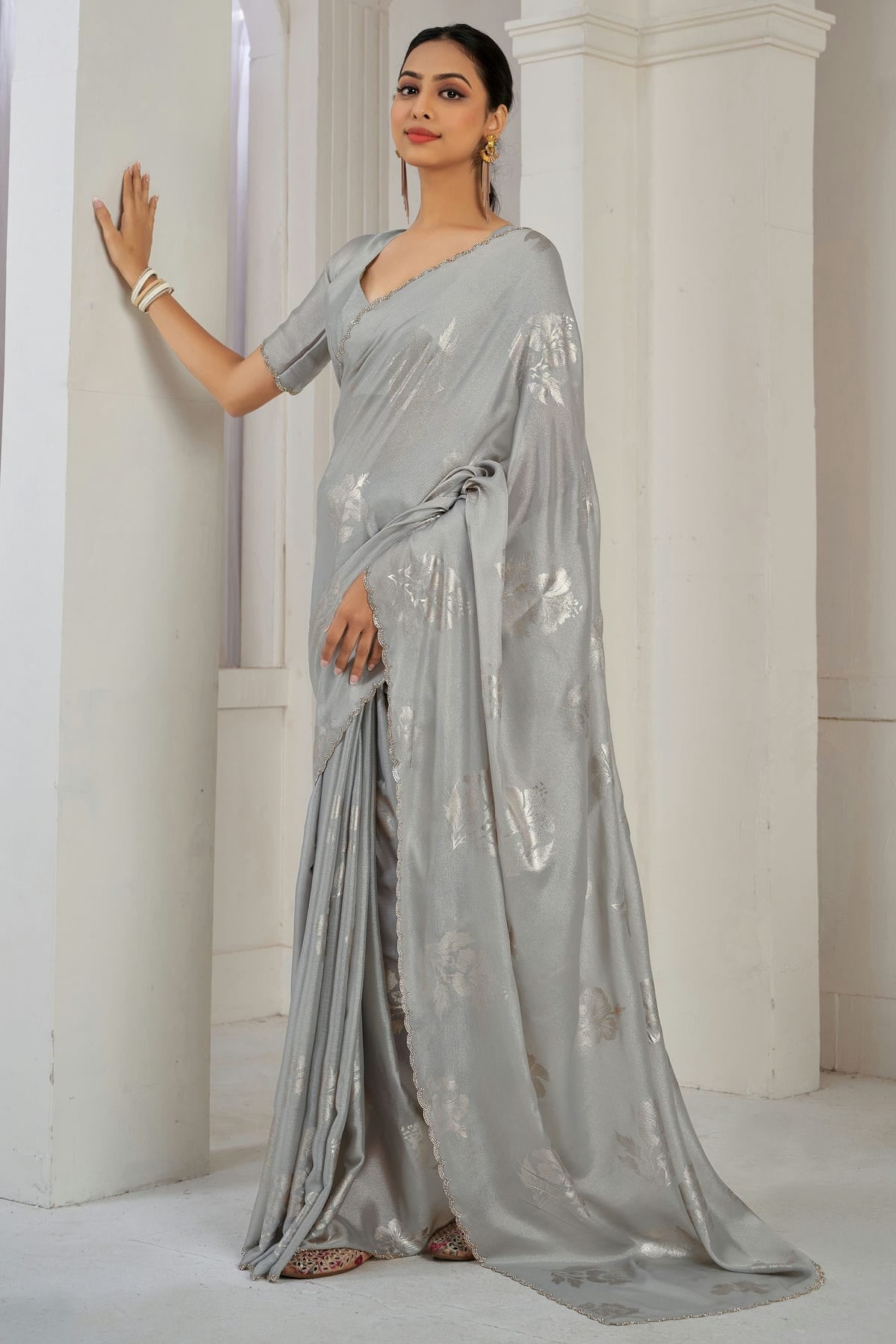 Grey Colour Chinon Silk Designer Saree