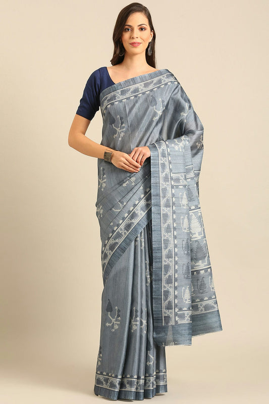 Grey Colour Cotton Banglori Handloom Silk Saree