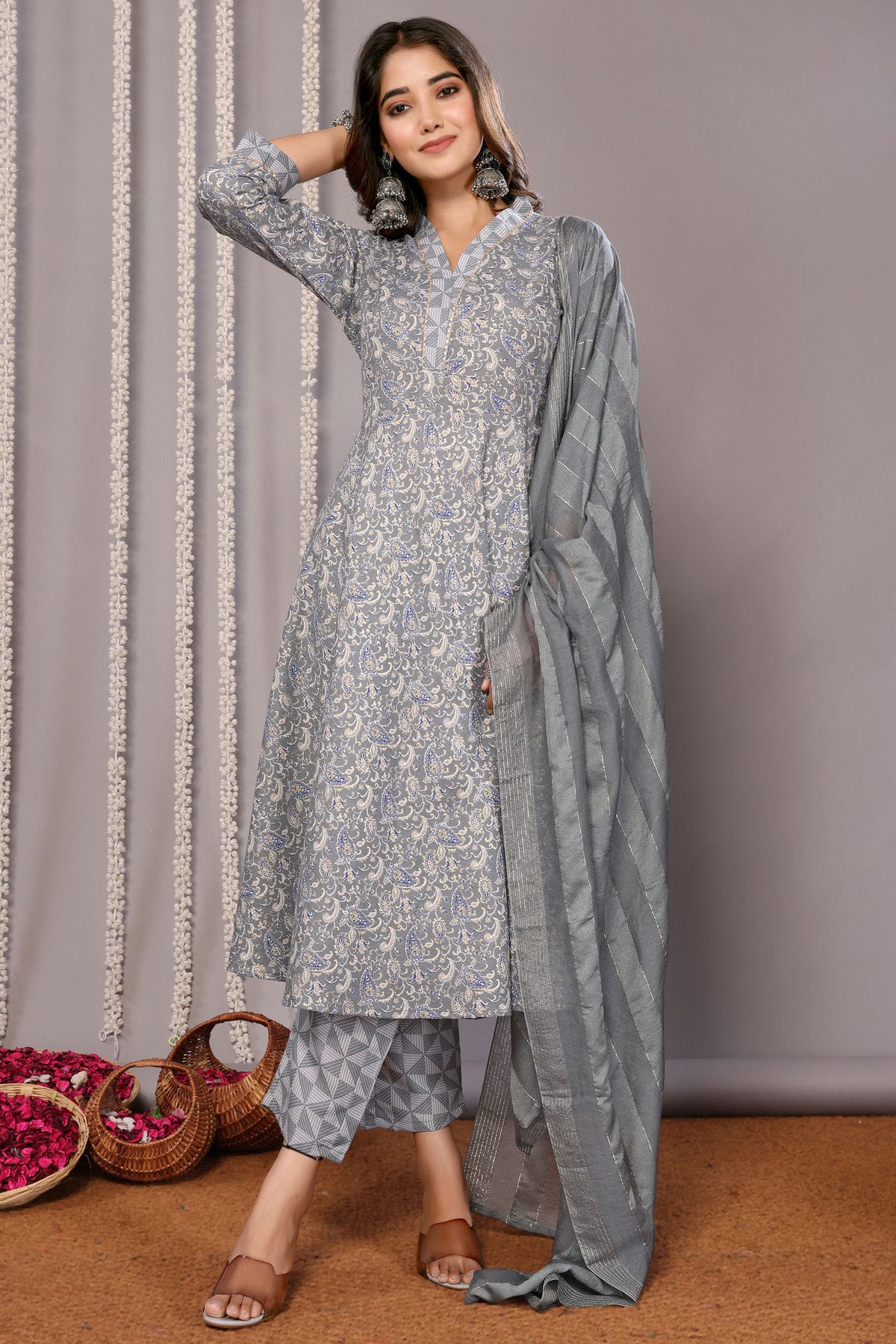 Grey Colour Cotton Blend Stitched Suit