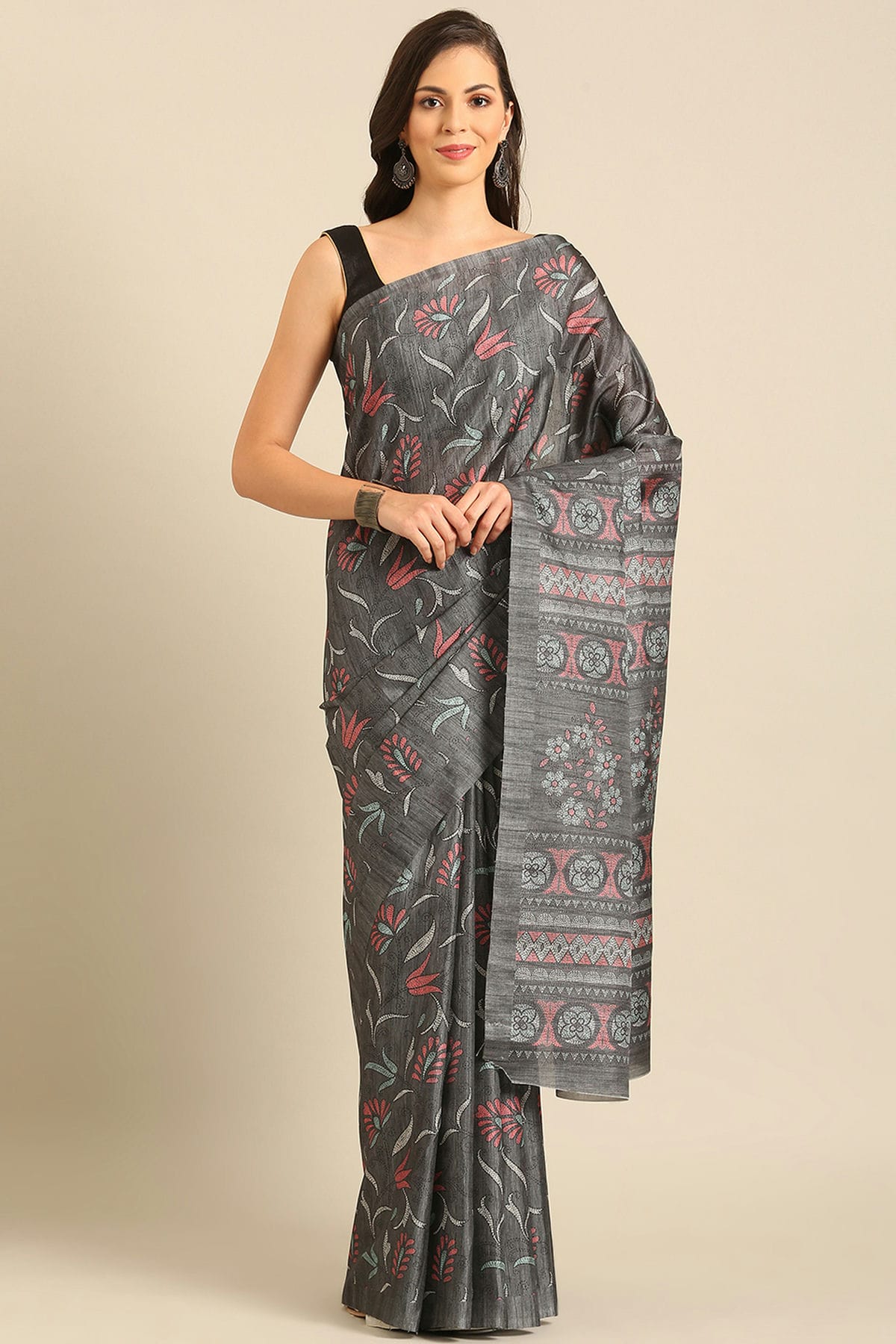 Grey Colour Cotton Katha Handloom Silk Saree