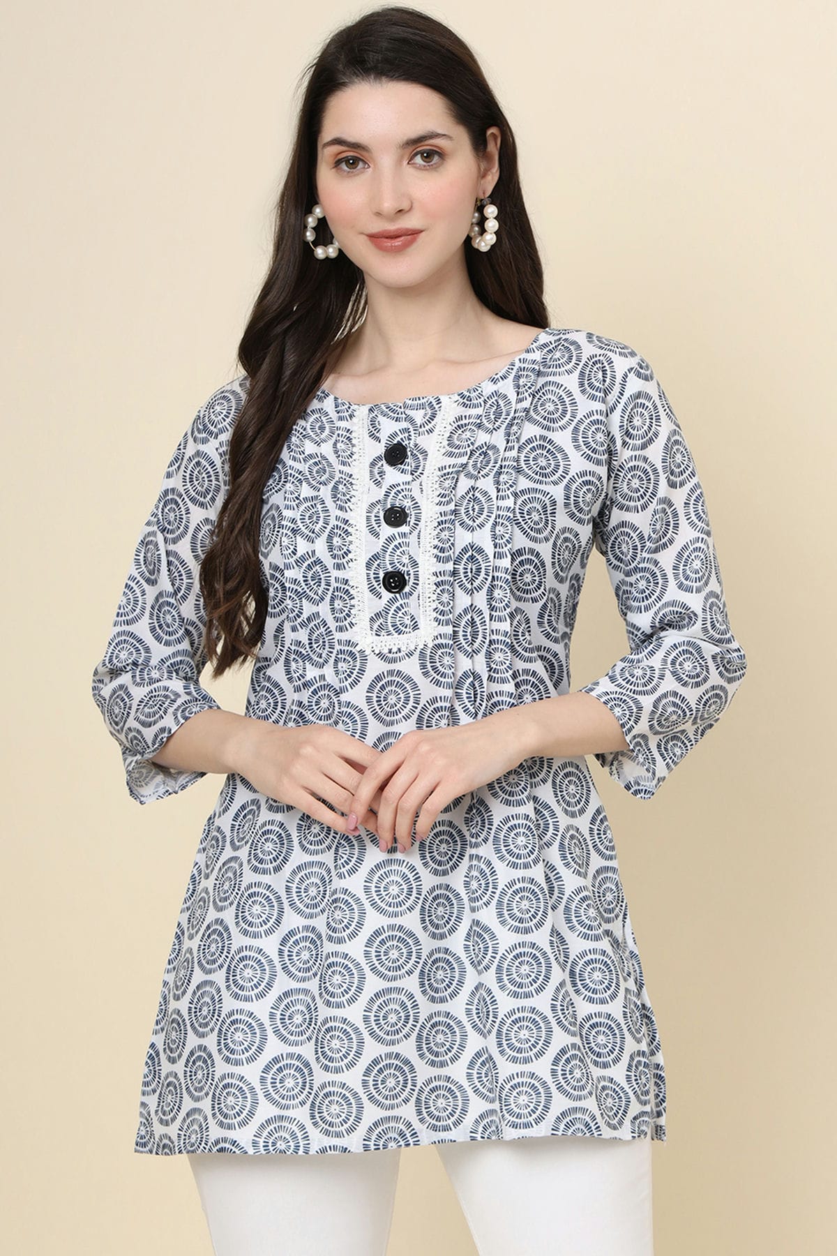 Grey Colour Cotton Printed Work Readymade Top