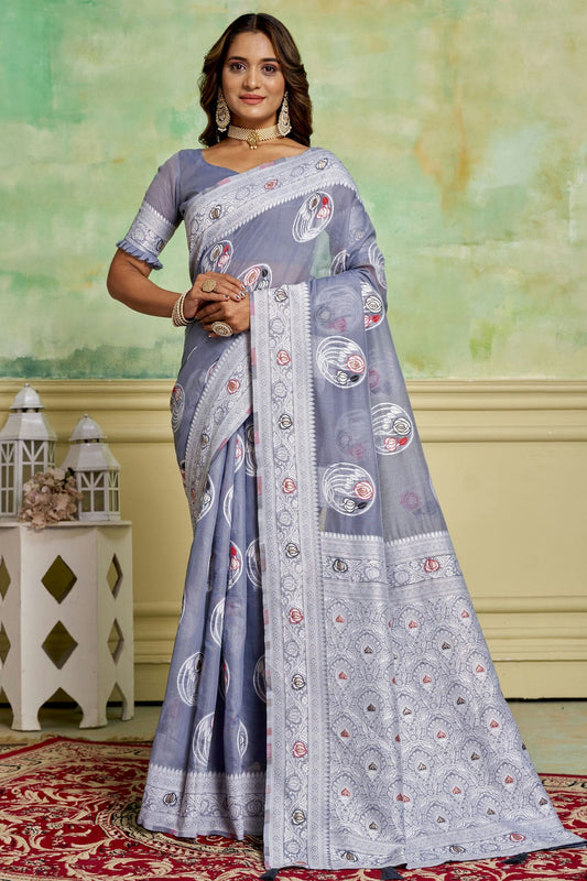 Grey Colour Cotton Traditional Saree