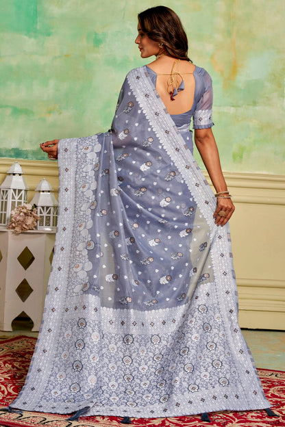 Grey Colour Cotton Traditional Saree