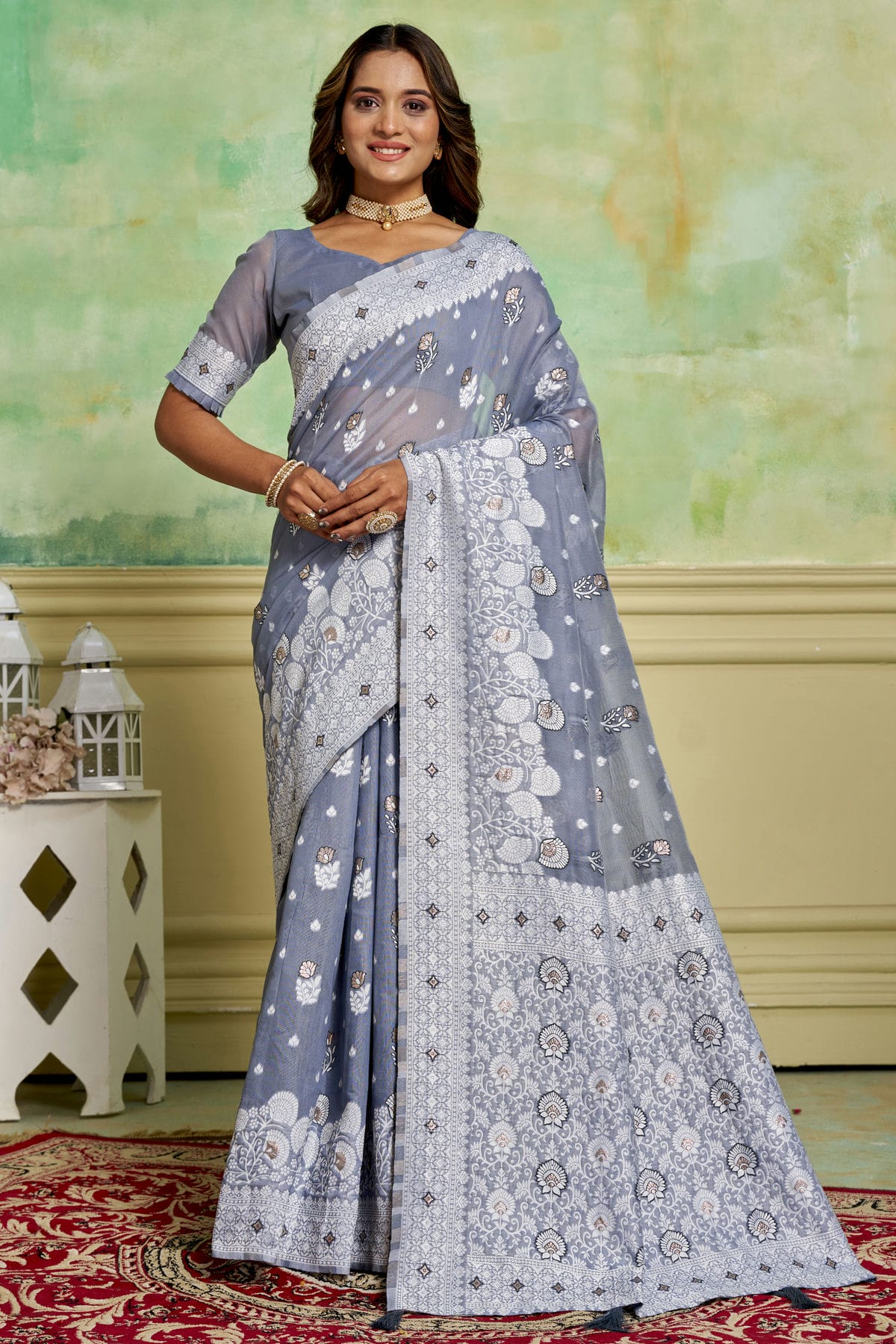 Grey Colour Cotton Traditional Saree