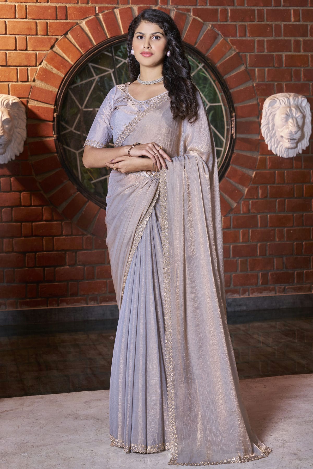 Grey Colour Crush Silk Designer Saree