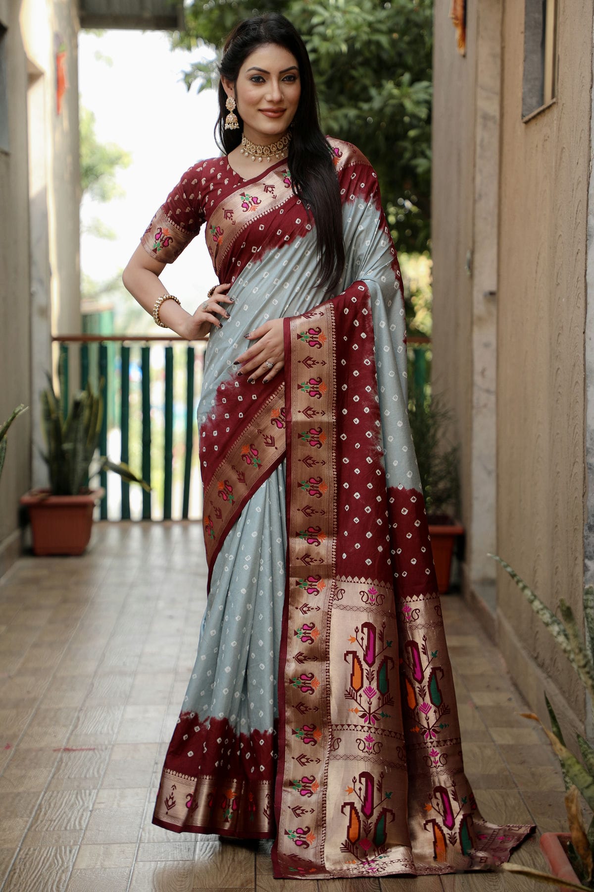 Grey Colour Dola Silk Paithani Saree