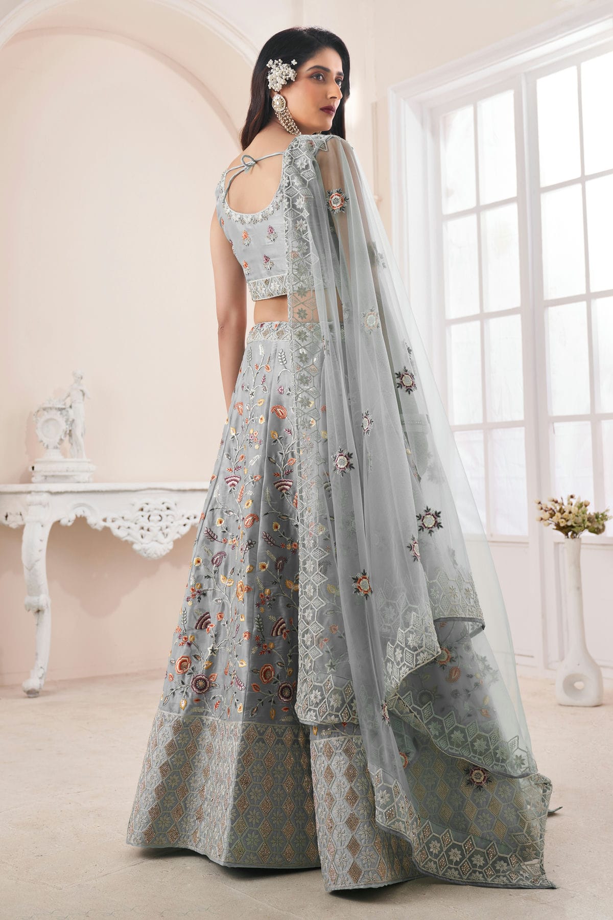 Grey Colour Embroidery Art Silk Lehenga Choli