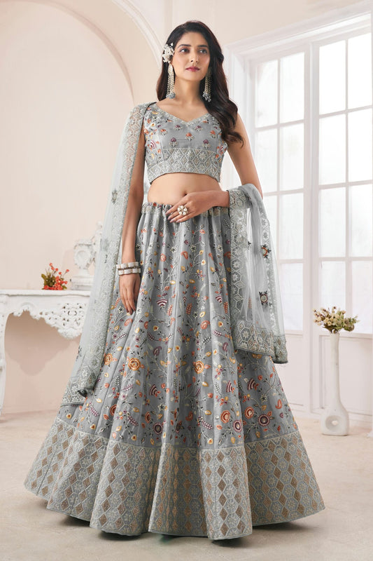 Grey Colour Embroidery Art Silk Lehenga Choli