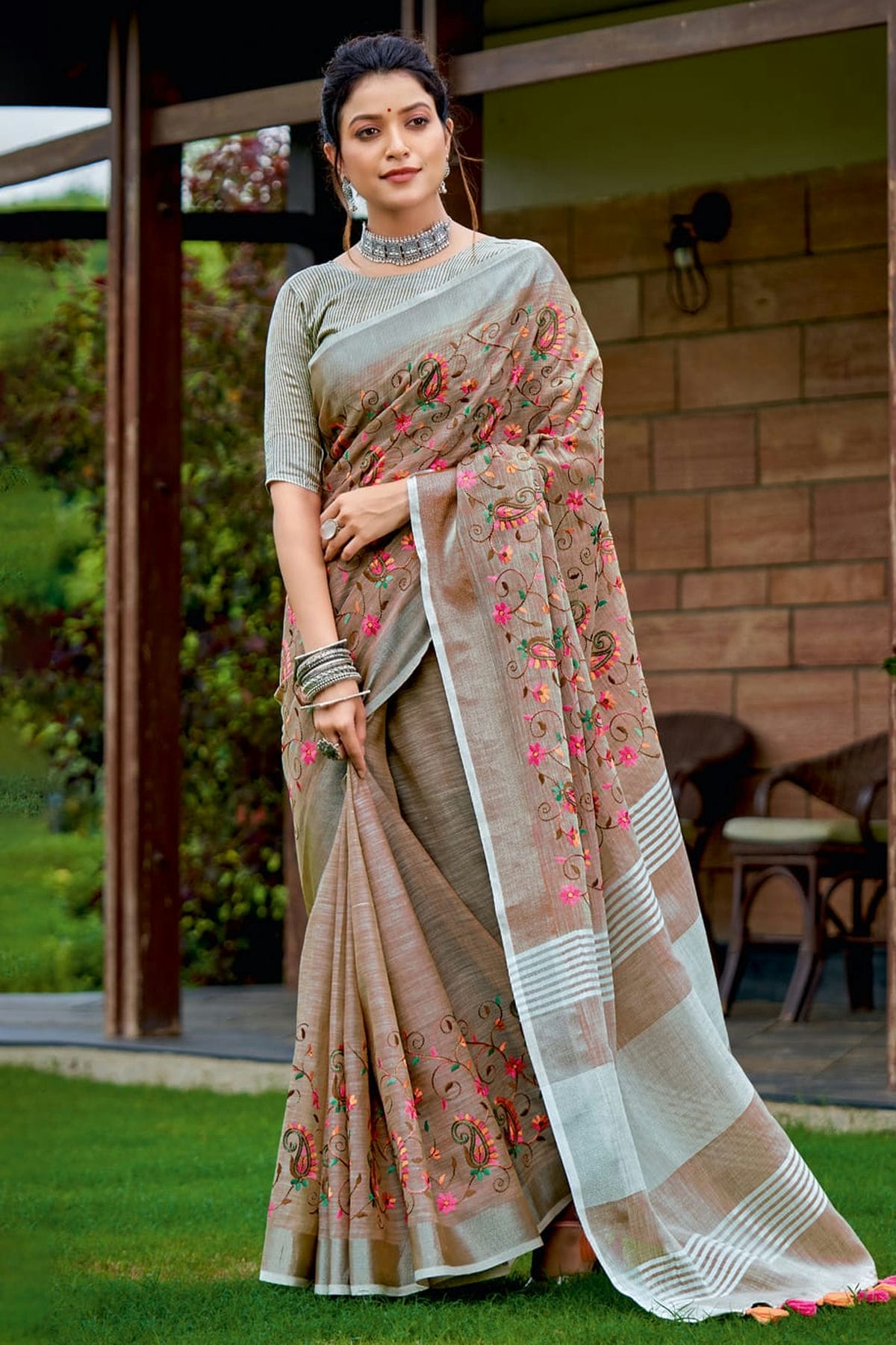 Grey Colour Embroidery Work Linen Saree