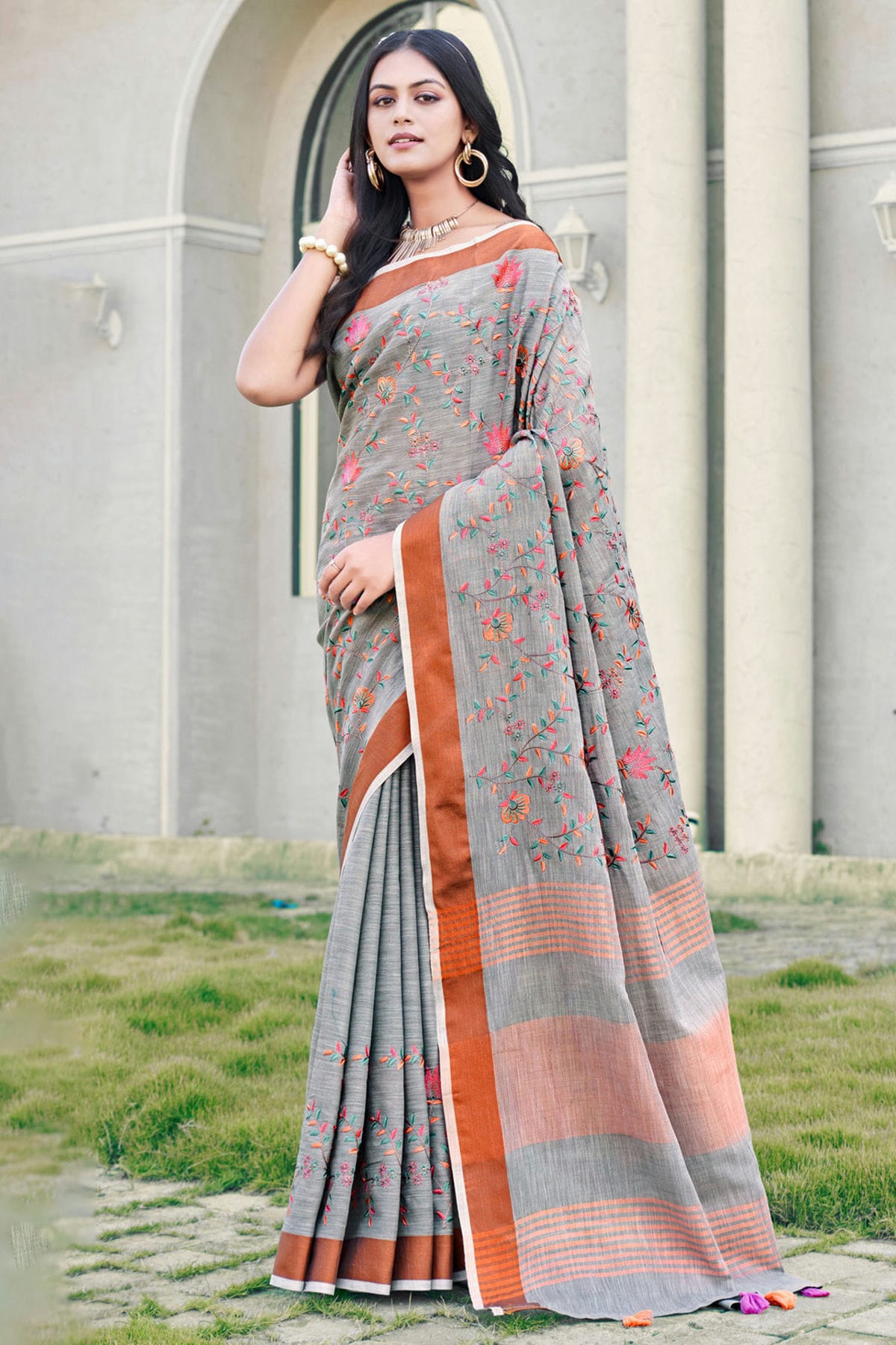 Grey Colour Embroidery Work Linen Saree