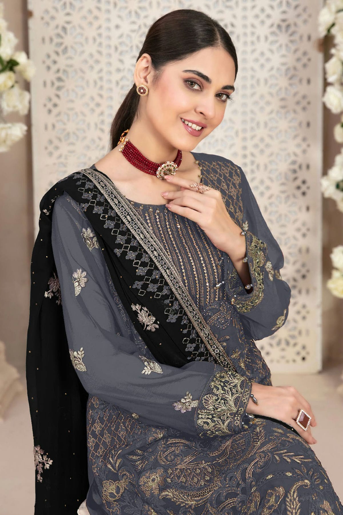 Grey Colour Faux Georgette Pakistani Suit