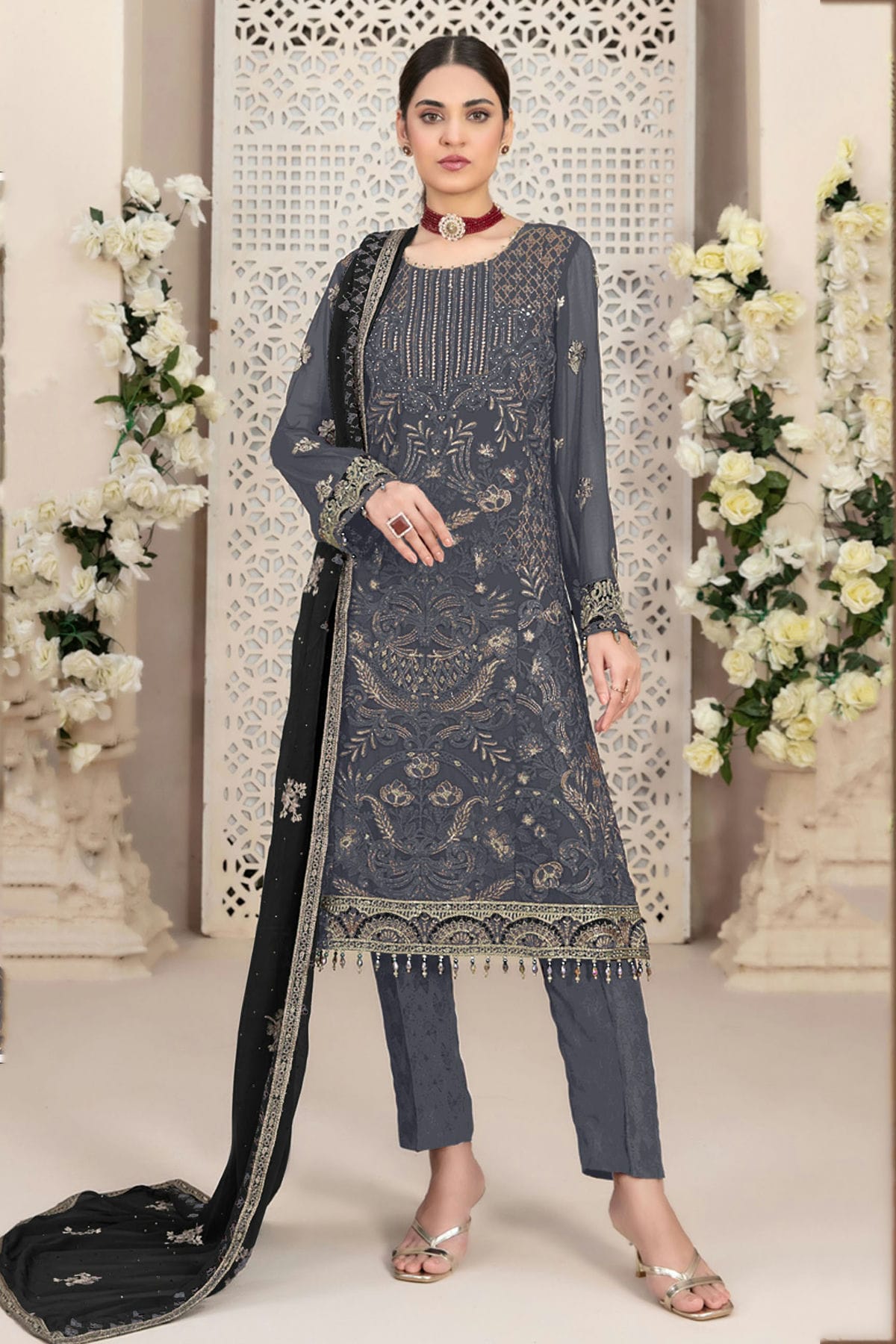 Grey Colour Faux Georgette Pakistani Suit