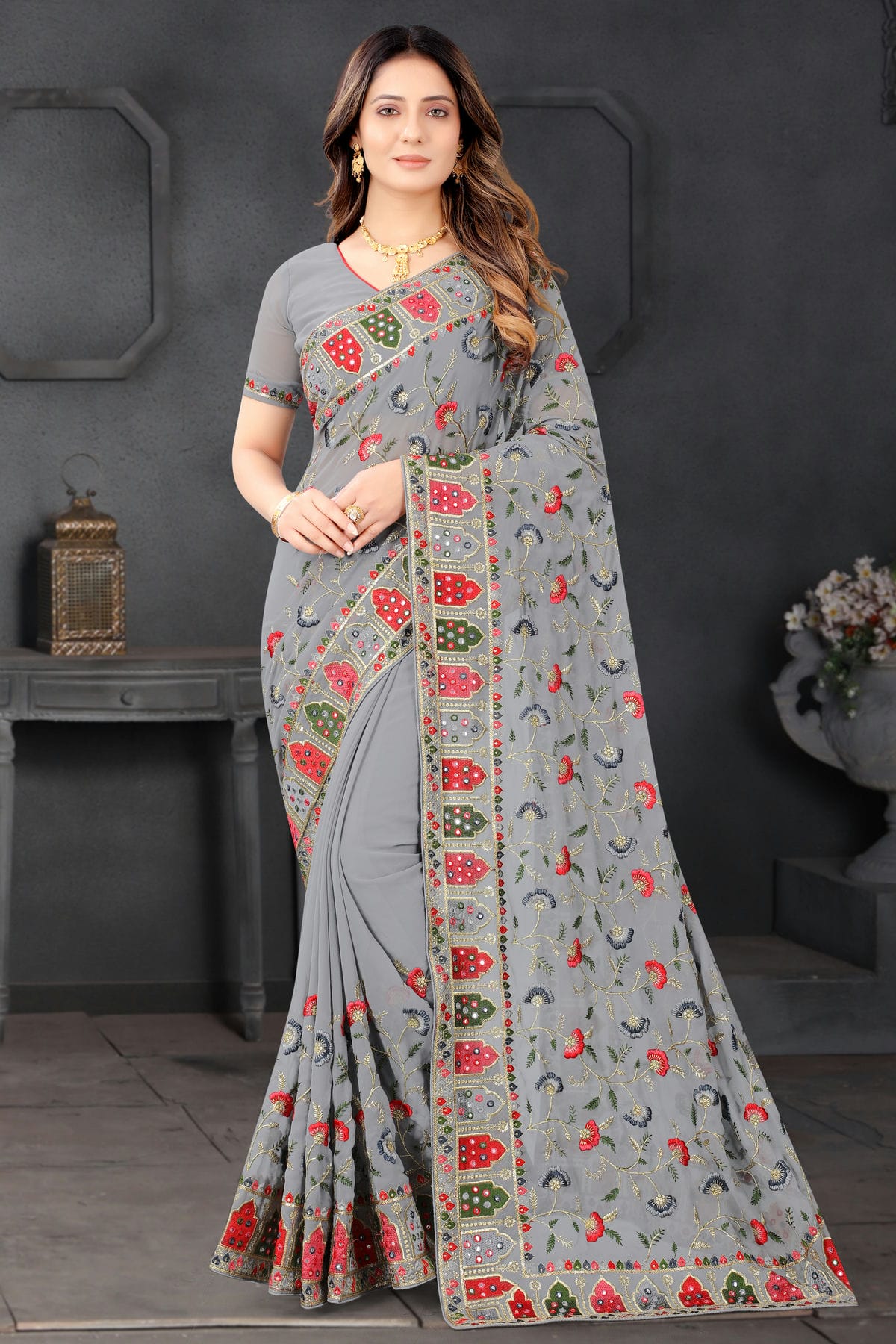 Grey Colour Georgette Designer Saree