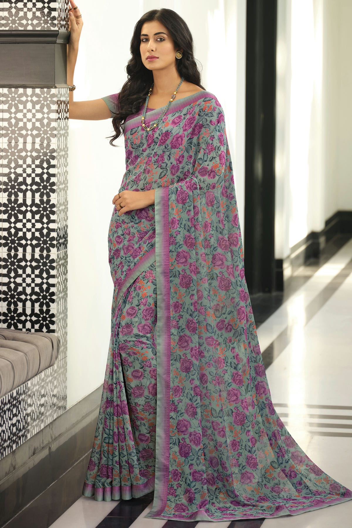 Grey Colour Georgette Printed Saree