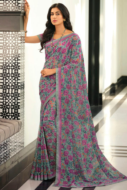 Grey Colour Georgette Printed Saree