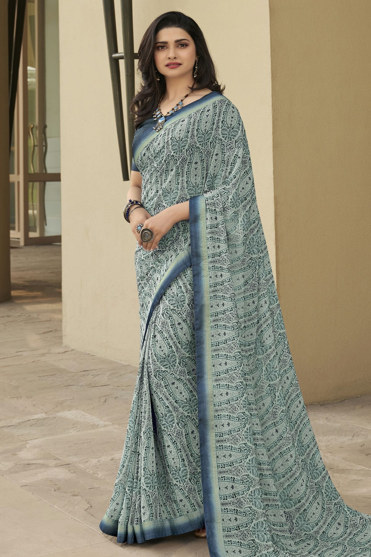 Grey Colour Georgette Printed Saree