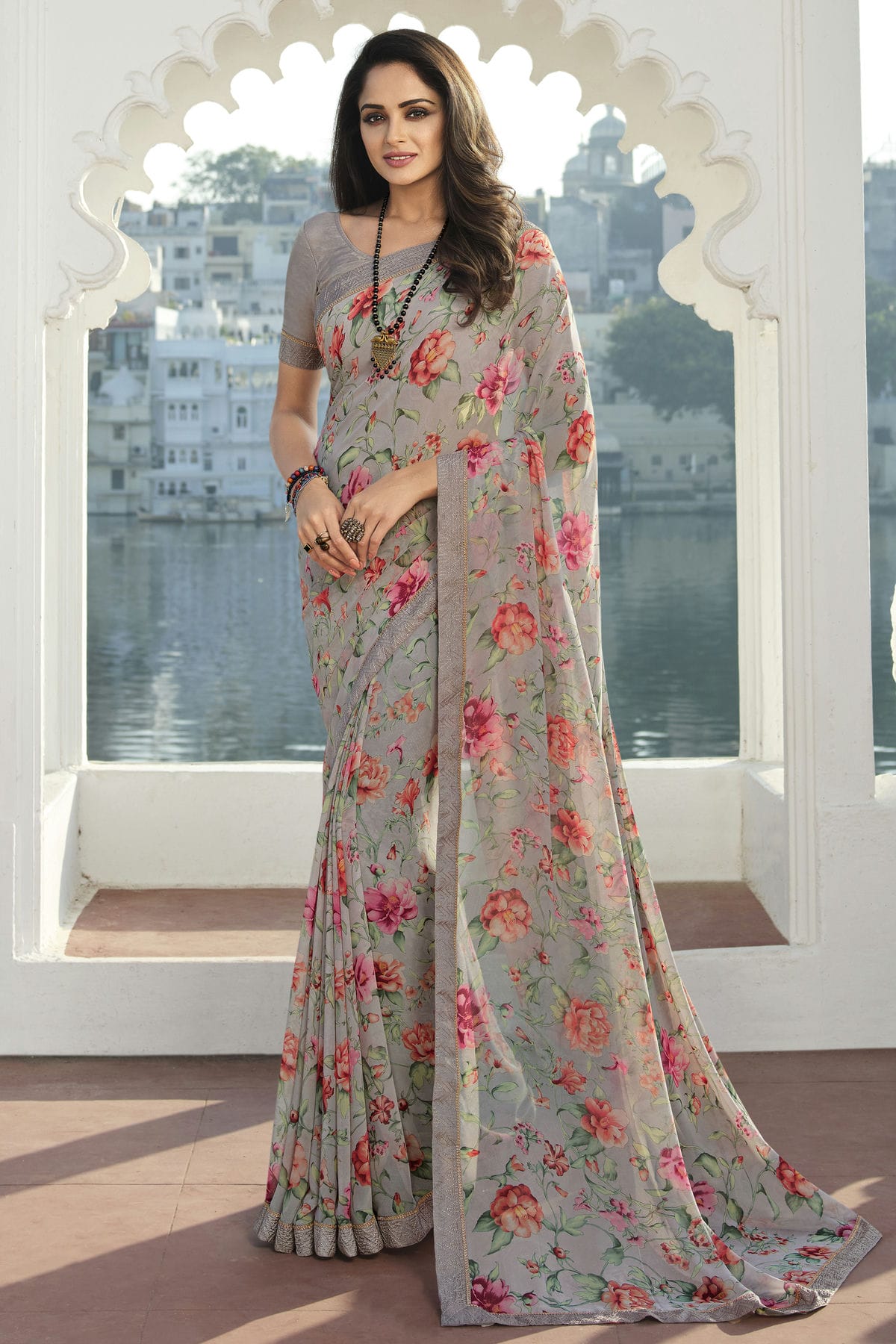 Grey Colour Georgette Printed Saree