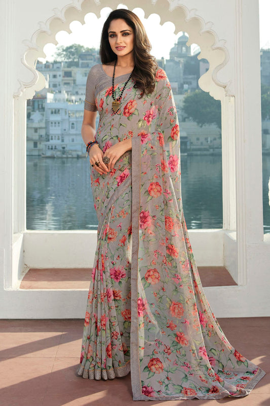 Grey Colour Georgette Printed Saree