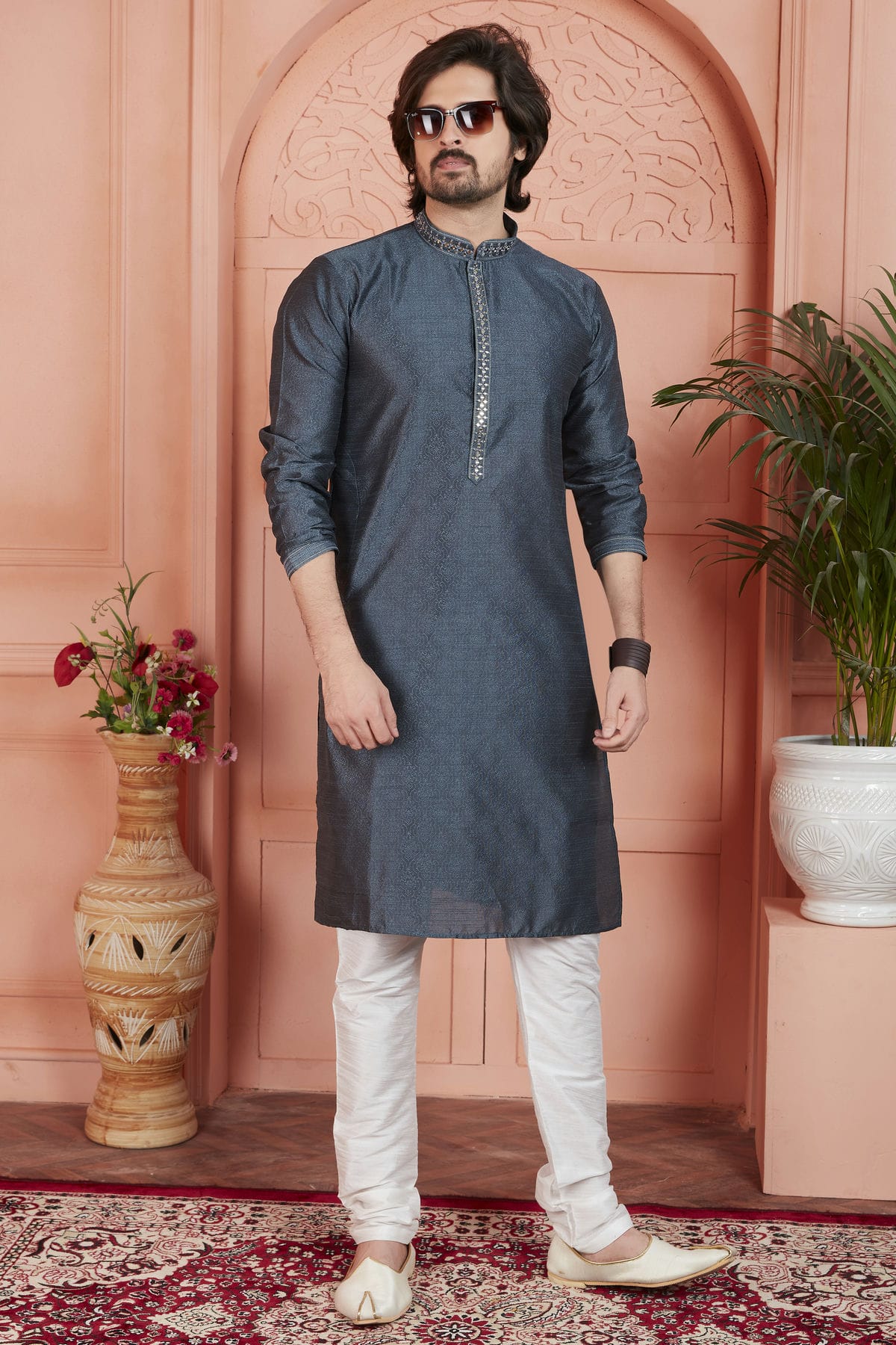 Grey Colour Jacquard Silk Brocade Kurta Pajama VSKP1230234