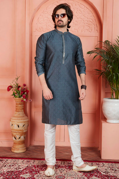 Grey Colour Jacquard Silk Brocade Kurta Pajama VSKP1230234