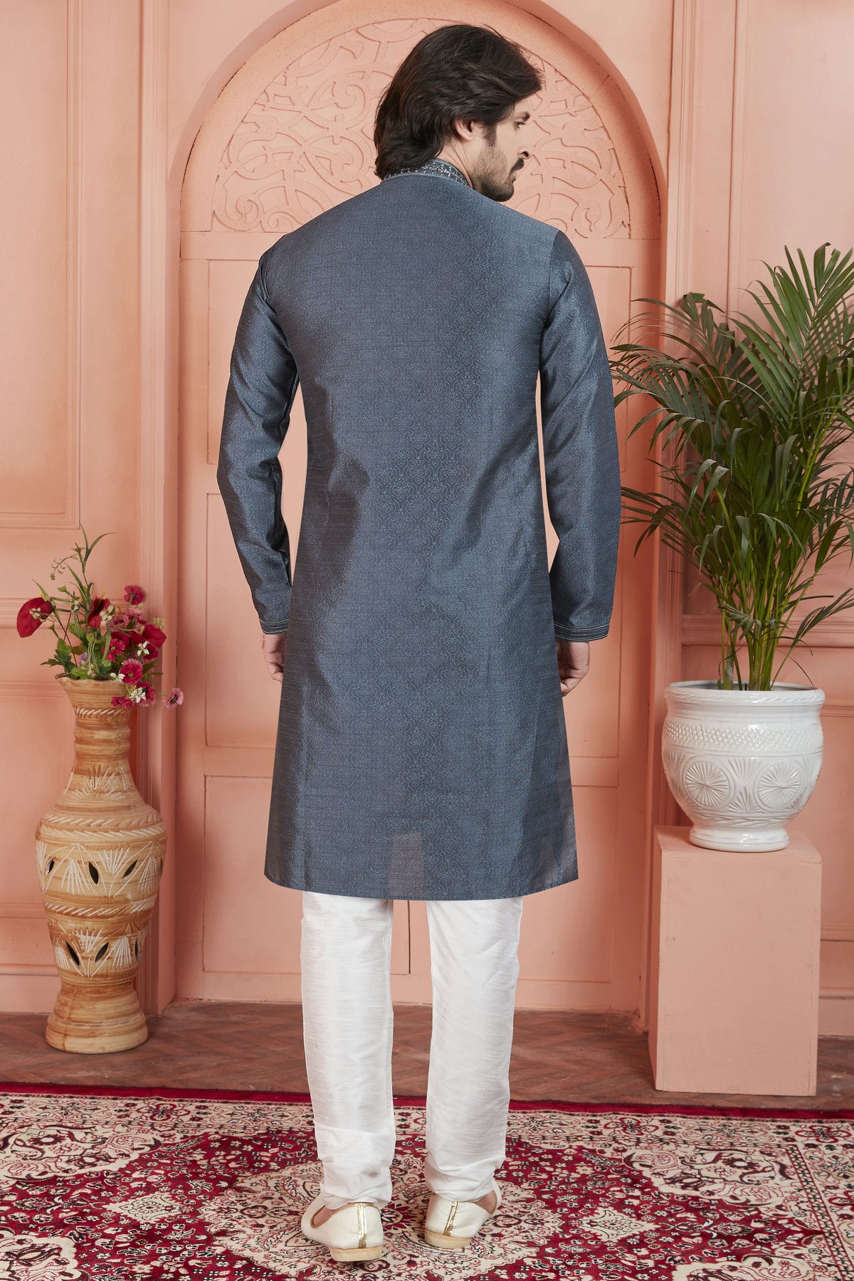 Grey Colour Jacquard Silk Brocade Kurta Pajama VSKP1230234