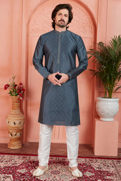 Grey Colour Jacquard Silk Brocade Kurta Pajama