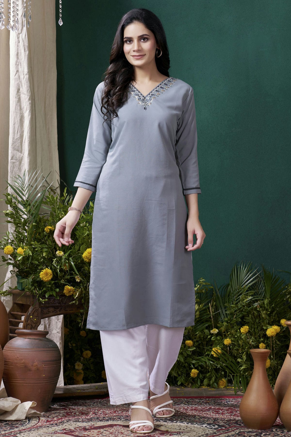 Grey Colour Maaza Cotton Kurta And Pant Set