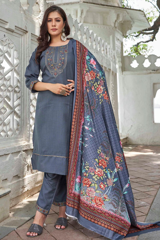 Grey Colour Magic Cotton Stitched Salwar Suit