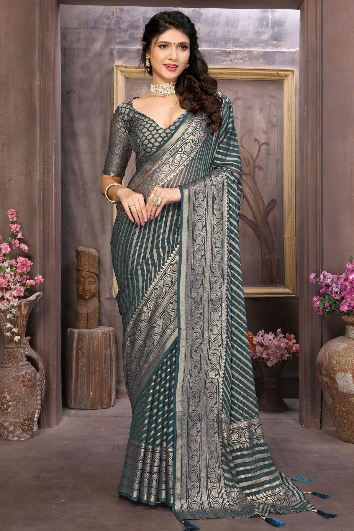 Grey Colour Moss Brasso Traditional Saree